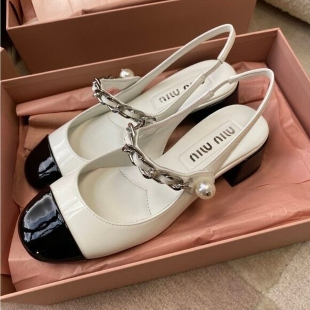Miu Miu White Leather Slingback Pumps with Black Patent Cap Toe